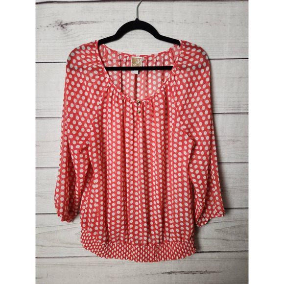 JM Collection Womens Peasant Blouse Red White Polka Dot Long Sleeve Sheer Boho L - Picture 1 of 6